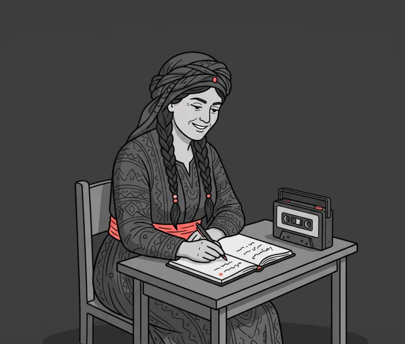 Illustration of a Kurdish woman sitting at a desk, writing lyrics in a notebook beside a cassette player