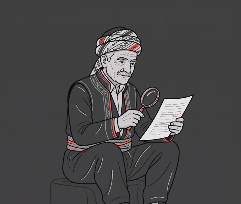 Illustration of a Kurdish man examining a lyric sheet through a magnifying glass
